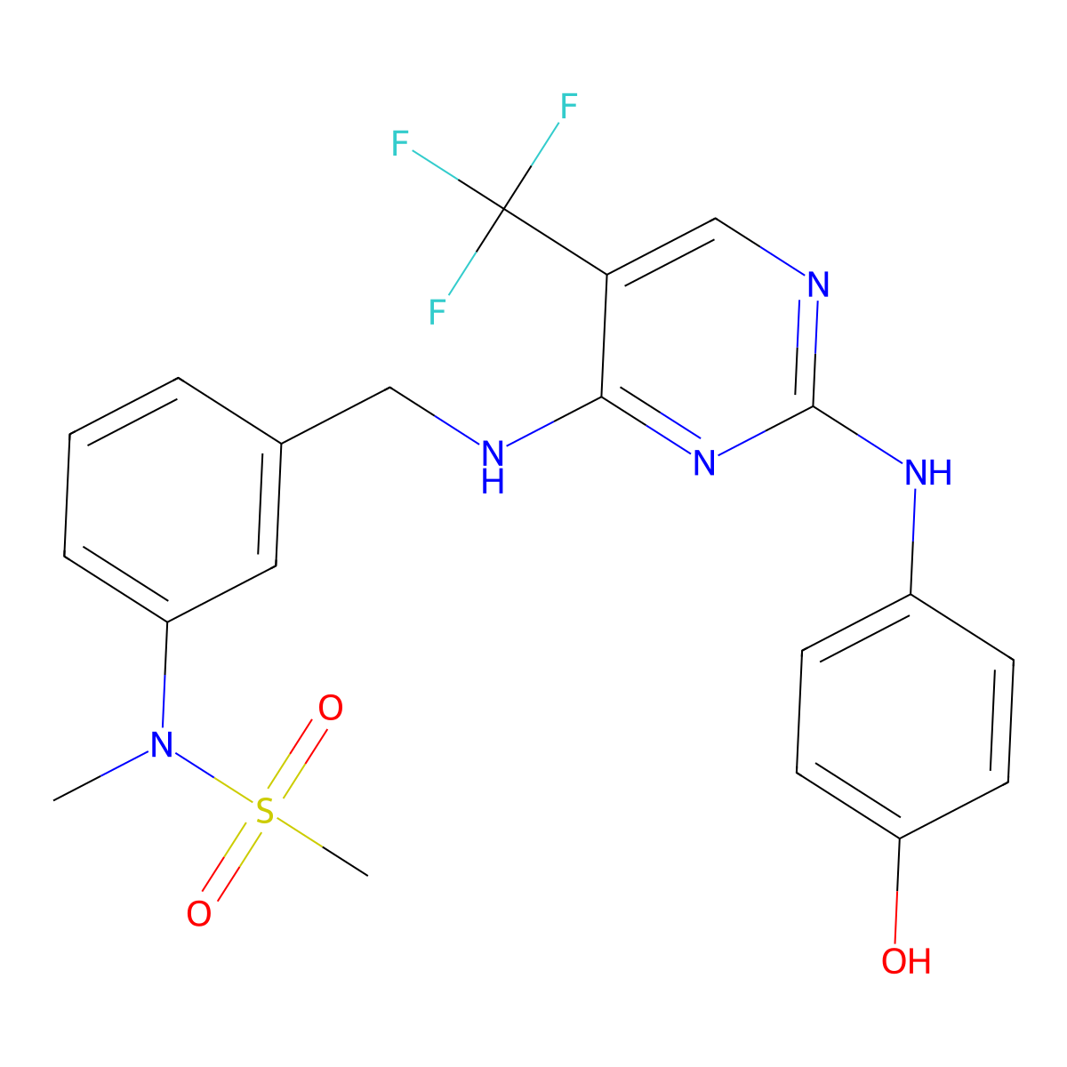 N-(3-(((2-((4-Hydroxyphenyl)amino)-5-(trifluoromethyl)pyrimidin-4-yl)amino)methyl)phenyl)-N-methylmethanesulfonamide molecular structure, CAS 2296719-34-9