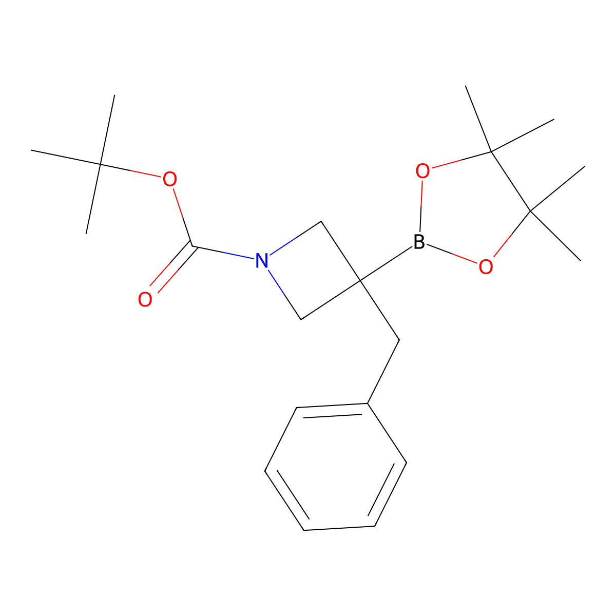tert-Butyl 3-benzyl-3-(4,4,5,5-tetramethyl-1,3,2-dioxaborolan-2-yl)azetidine-1-carboxylate molecular structure, CAS 2296775-60-3