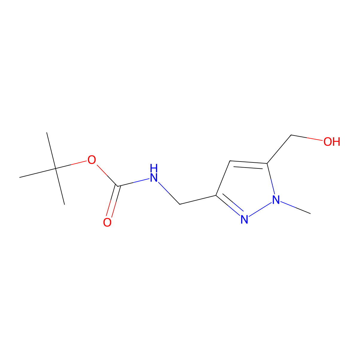 tert-butyl N-{[5-(hydroxymethyl)-1-methyl-1H-pyrazol-3-yl]methyl}carbamate molecular structure, CAS 2297054-05-6