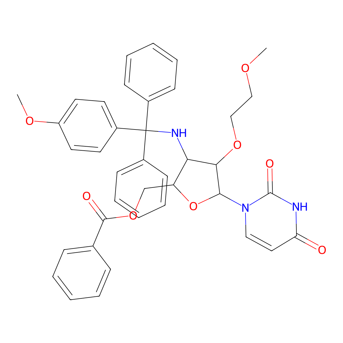[(2S,3R,4R,5R)-5-(2,4-dioxopyrimidin-1-yl)-4-(2-methoxyethoxy)-3-[[(4-methoxyphenyl)-diphenylmethyl]amino]oxolan-2-yl]methyl benzoate molecular structure, CAS 2299277-74-8