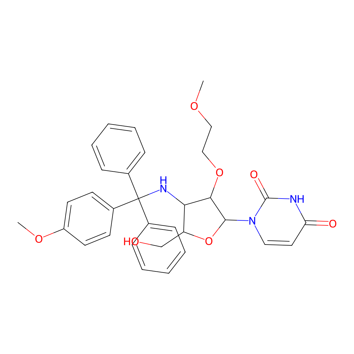 1-[(2R,3R,4R,5S)-5-(hydroxymethyl)-3-(2-methoxyethoxy)-4-[[(4-methoxyphenyl)-diphenylmethyl]amino]oxolan-2-yl]pyrimidine-2,4-dione molecular structure, CAS 2299277-76-0
