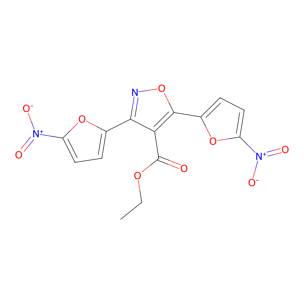 4-Isoxazolecarboxylic acid, 3,5-bis(5-nitro-2-furyl)-, ethyl ester molecular structure, CAS 22996-55-0