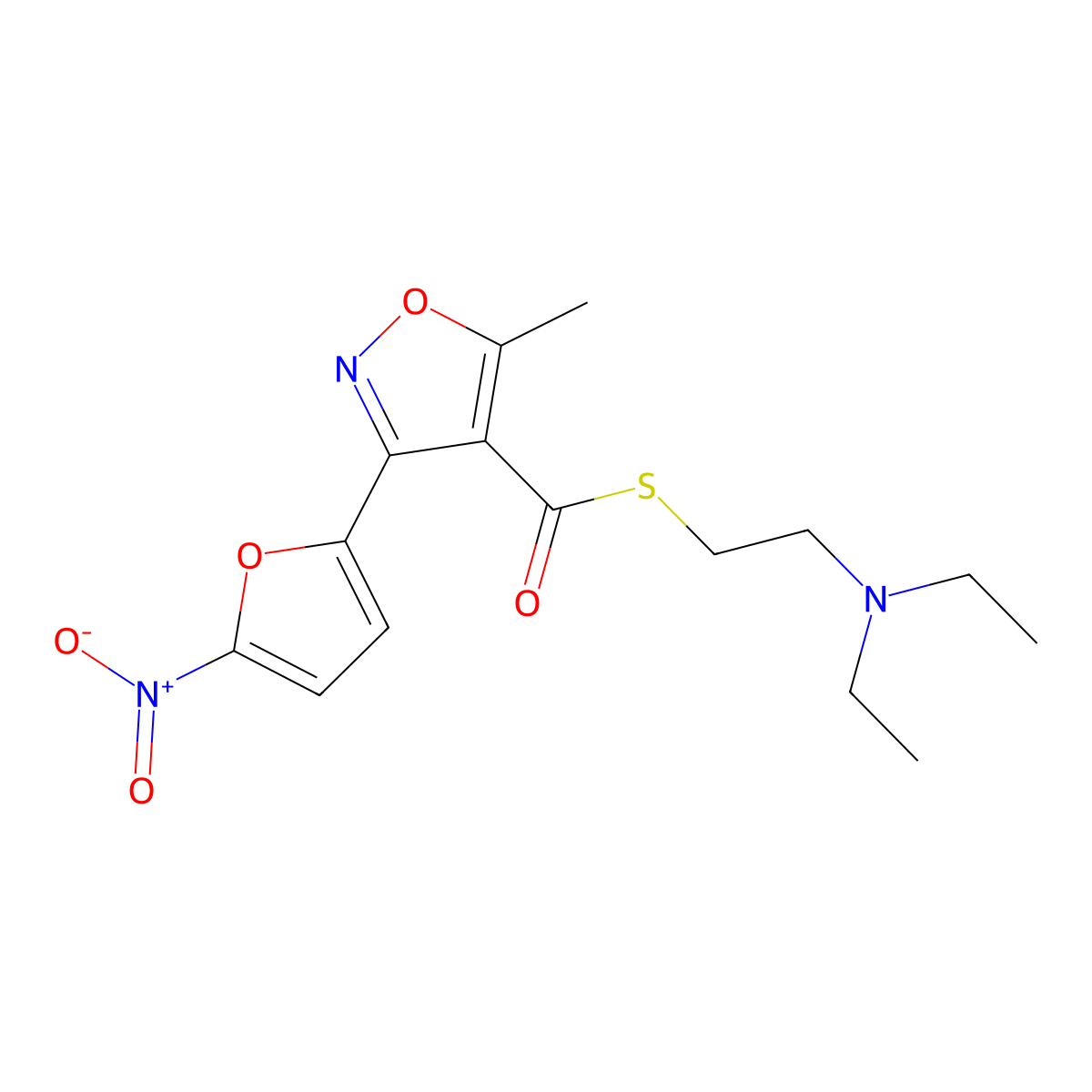 4-Isoxazolecarbothioic acid, 5-methyl-3-(5-nitro-2-furyl)-, S-2-(diethylamino)ethyl ester molecular structure, CAS 22996-68-5