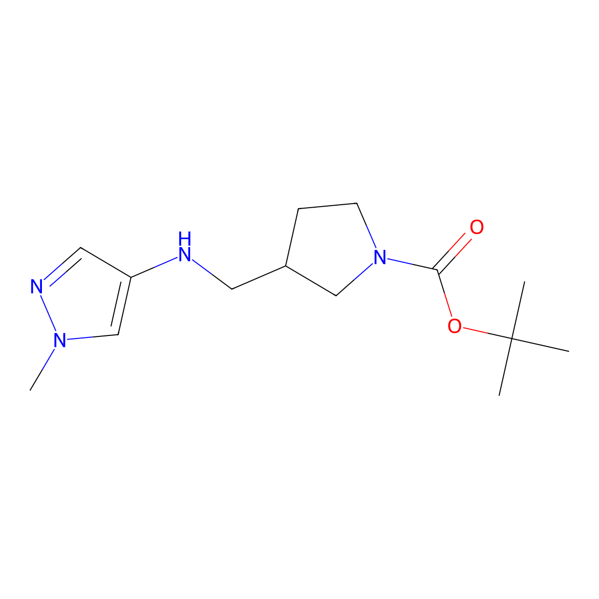 Tert-butyl 3-(((1-methyl-1H-pyrazol-4-yl)amino)methyl)pyrrolidine-1-carboxylate molecular structure, CAS 2300547-11-7