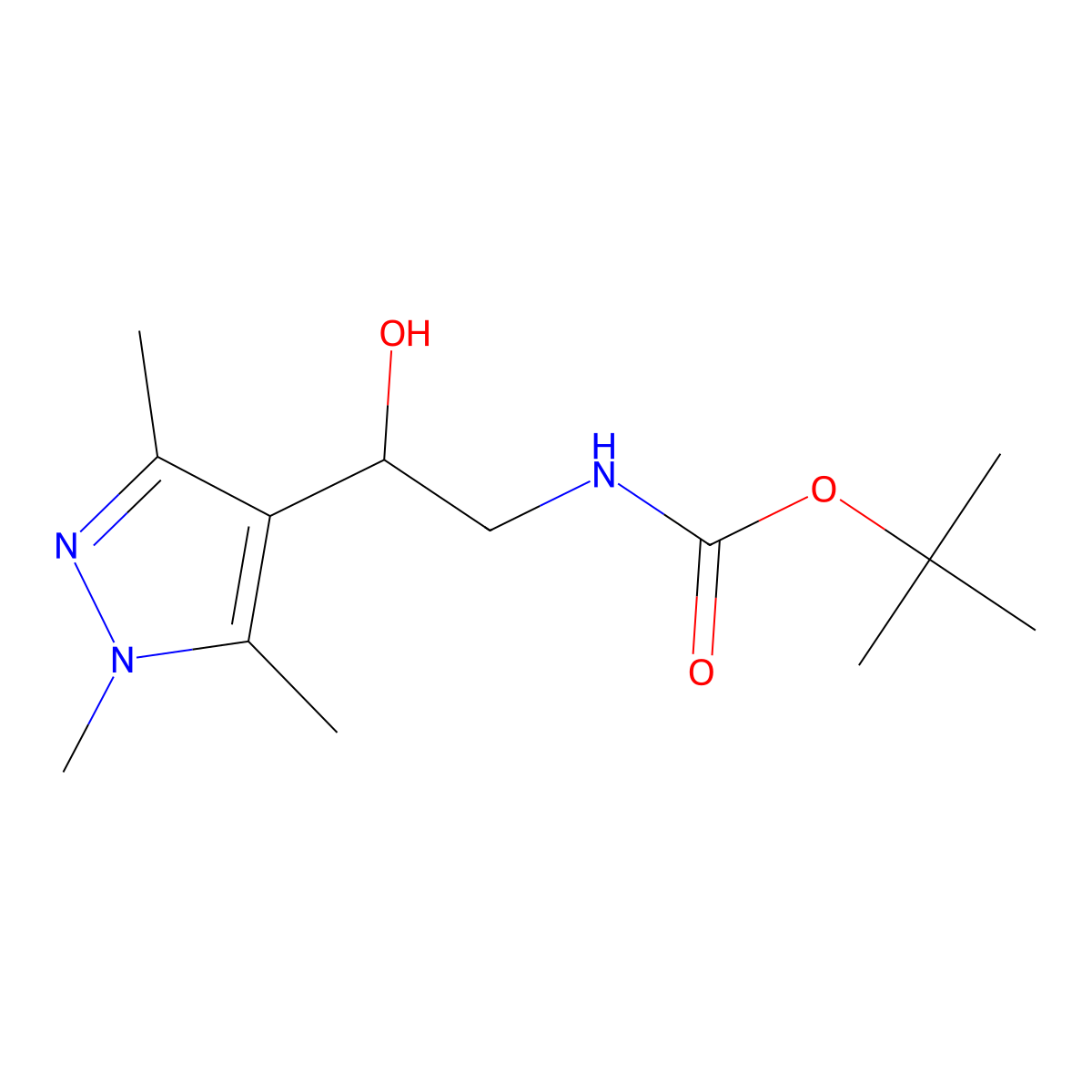 tert-butyl N-[2-hydroxy-2-(trimethyl-1H-pyrazol-4-yl)ethyl]carbamate molecular structure, CAS 2302482-92-2