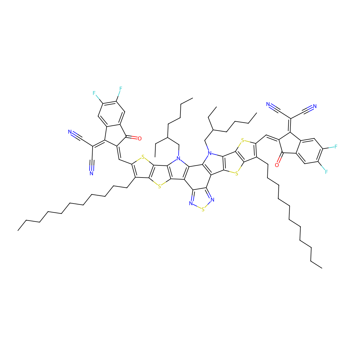 2,2'-[[12,13-Bis(2-ethylhexyl)-12,13-dihydro-3,9-diundecylbisthieno[2'',3'':4',5']thieno[2',3':4,5]pyrrolo[3,2-e:2',3'-g][2,1,3]benzothiadiazole-2,10-diyl]bis[methylidyne(5,6-difluoro-3-oxo-1H-indene-2,1(3H)-diylidene)]]bis[propanedinitrile] molecular structure, CAS 2304444-49-1