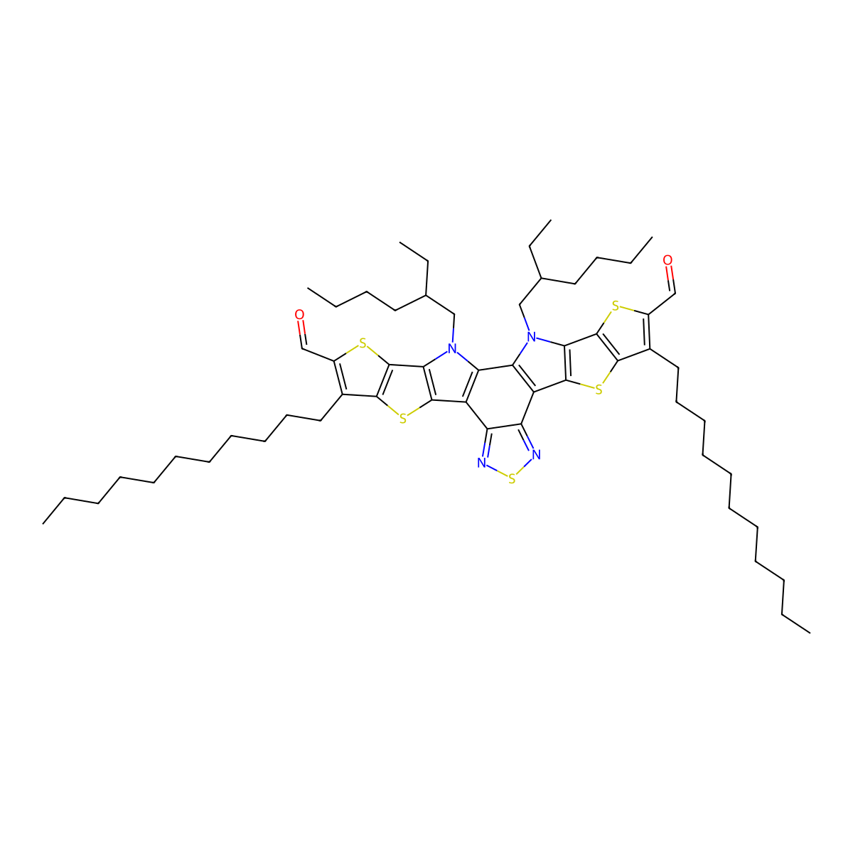 12,13-Bis(2-ethylhexyl)-3,9-diundecyl-12,13-dihydro-[1,2,5]thiadiazolo[3,4-e]thieno[2'',3'':4',5']thieno[2',3':4,5]pyrrolo[3,2-g]thieno[2',3':4,5]thieno[3,2-b]indole-2,10-dicarbaldehyde molecular structure, CAS 2304444-53-7