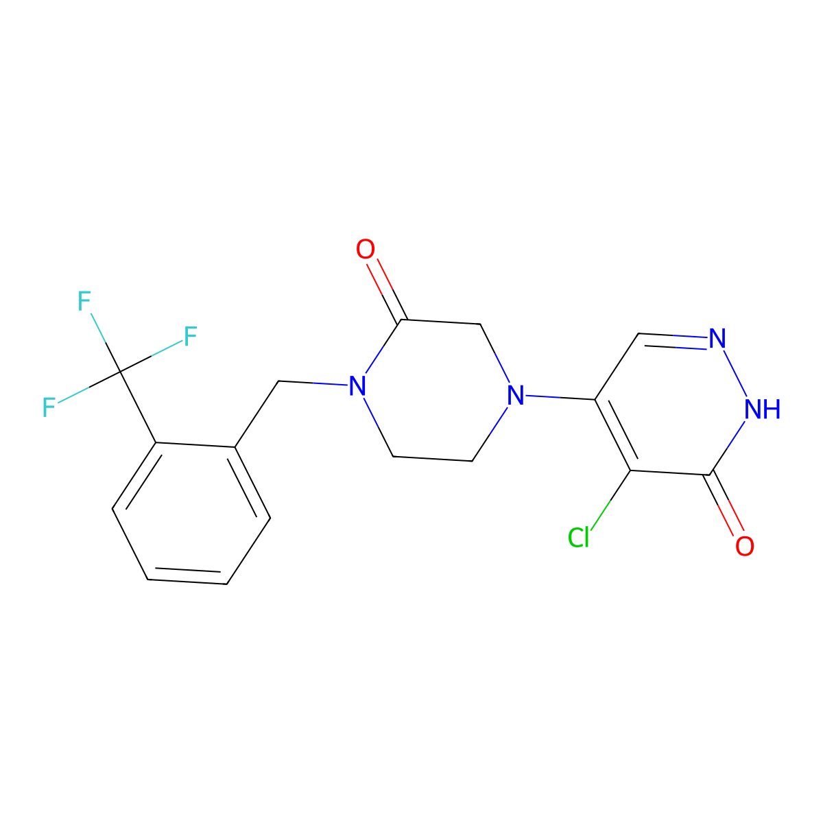 4-Chloro-5-(3-oxo-4-(2-(trifluoromethyl)benzyl)piperazin-1-yl)pyridazin-3(2H)-one molecular structure, CAS 2304549-73-1