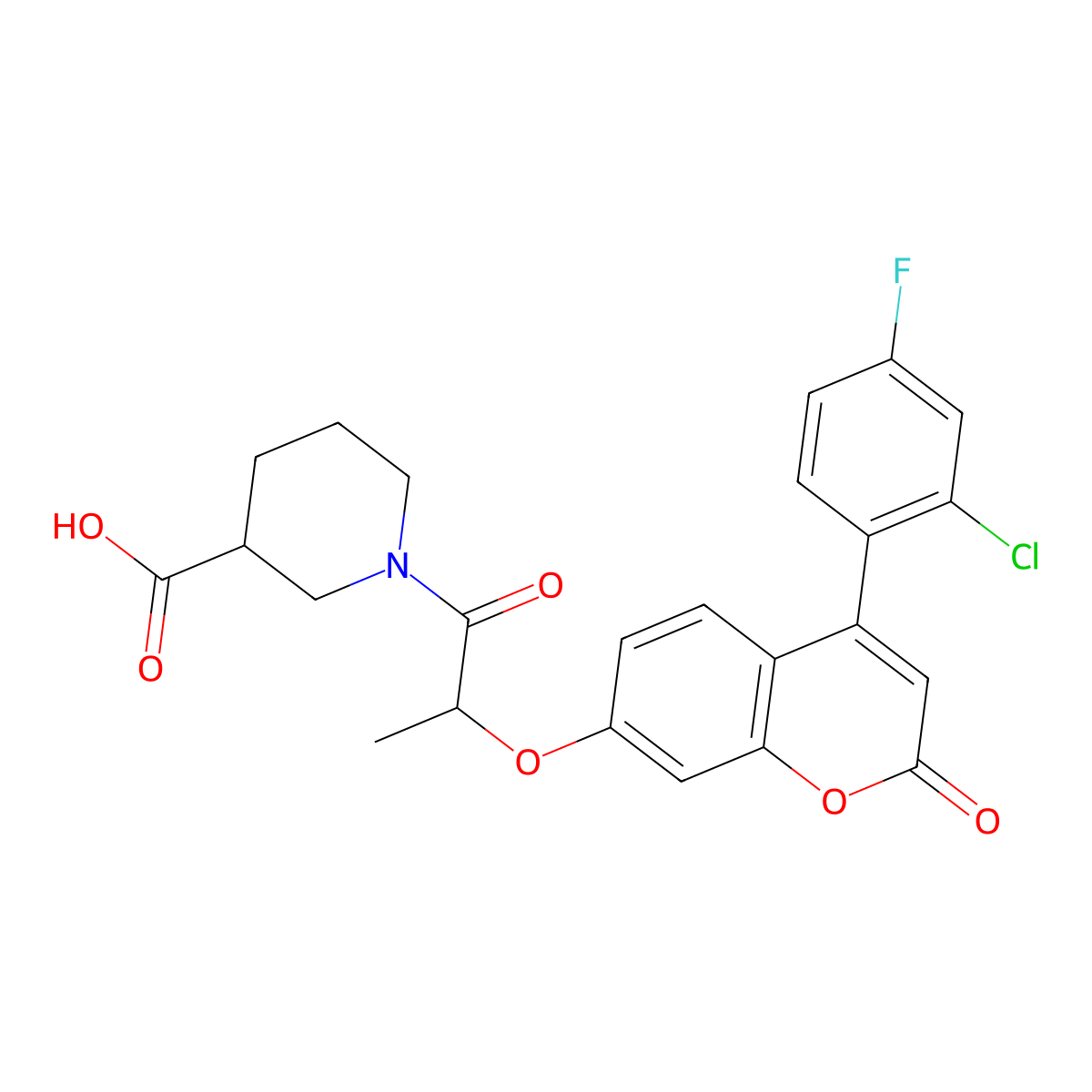 (S)-1-((R)-2-((4-(2-Chloro-4-fluorophenyl)-2-oxo-2H-chromen-7-yl)oxy)propanoyl)piperidine-3-carboxylic acid molecular structure, CAS 2304621-06-3
