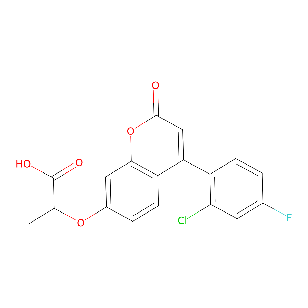 (R)-2-((4-(2-chloro-4-fluorophenyl)-2-oxo-2H-chromen-7-yl)oxy)propanoic acid molecular structure, CAS 2304622-97-5
