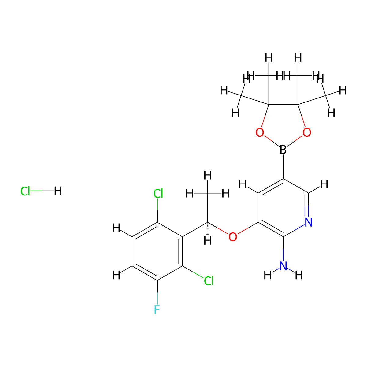 (R)-3-(1-(2,6-Dichloro-3-fluorophenyl)ethoxy)-5-(4,4,5,5-tetramethyl-1,3,2-dioxaborolan-2-yl)pyridin-2-amine HCl molecular structure, CAS 2304631-25-0