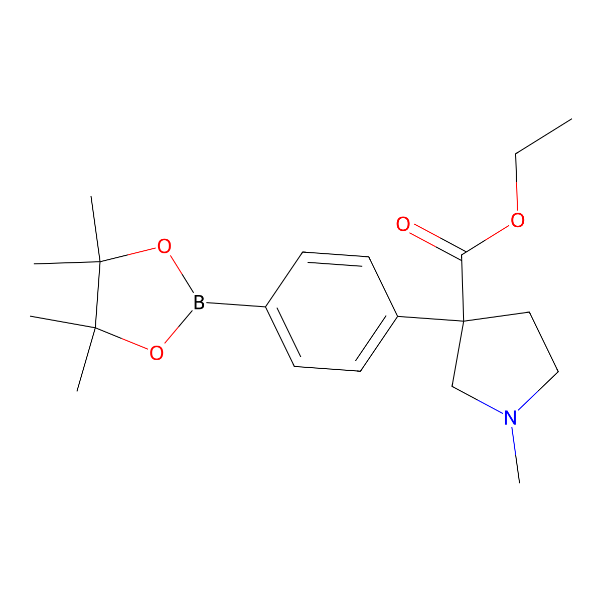 (4-(3-(Ethoxycarbonyl)-1-methylpyrrolidin-3-YL)phenyl)boronic acid pinacol ester molecular structure, CAS 2304631-55-6