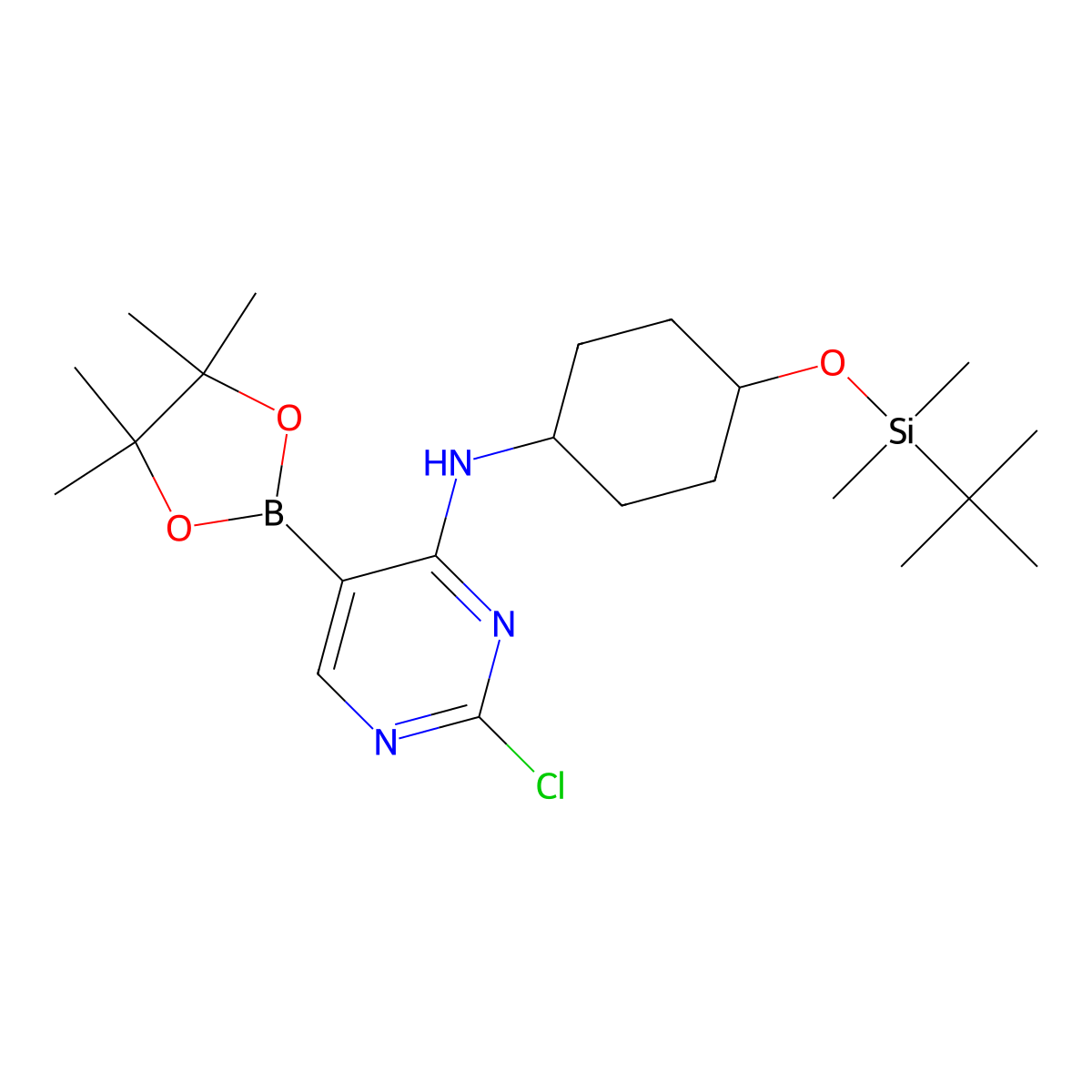 2-chloro-N-[trans-4-[(tert-butyldimethylsilyl)oxy]cyclohexyl]-5-(tetramethyl-1,3,2-dioxaborolan-2-yl)pyrimidin-4-amine molecular structure, CAS 2304631-70-5
