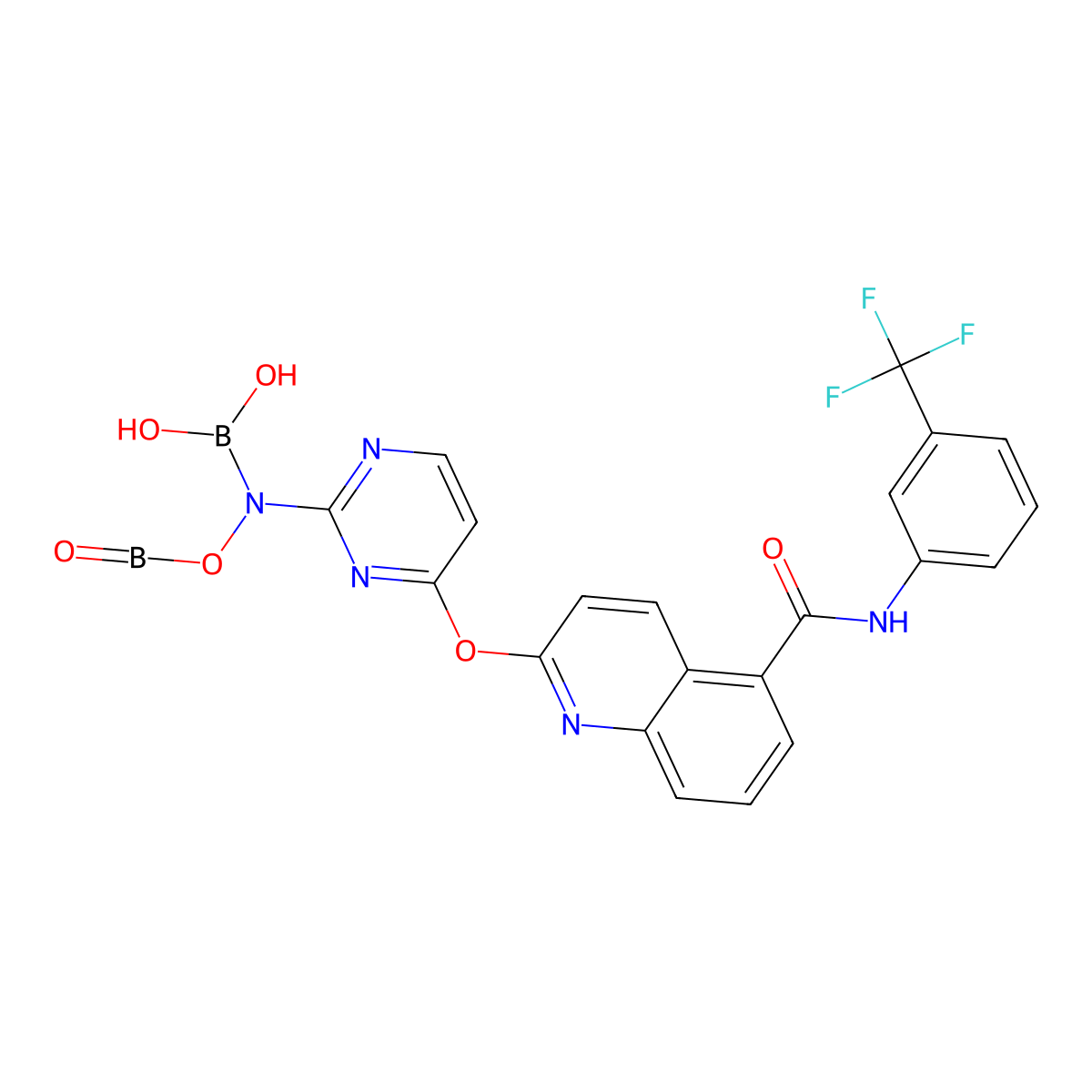 ((Oxoboryl)oxy)(4-((5-((3-(trifluoromethyl)phenyl)carbamoyl)quinolin-2-yl)oxy)pyrimidin-2-yl)boramidic acid molecular structure, CAS 2304634-07-7