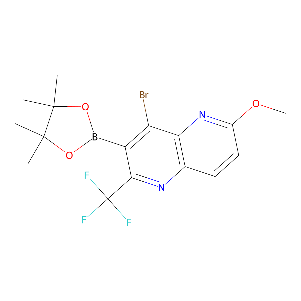 4-Bromo-6-methoxy-3-(4,4,5,5-tetramethyl-1,3,2-dioxaborolan-2-yl)-2-(trifluoromethyl)-1,5-naphthyridine molecular structure, CAS 2304634-27-1