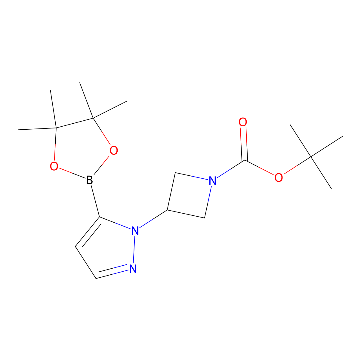 (1-(1-(t-Butoxycarbonyl)azetidin-3-yl)-1H-pyrazol-5-yl)boronic acid pinacol ester molecular structure, CAS 2304634-91-9
