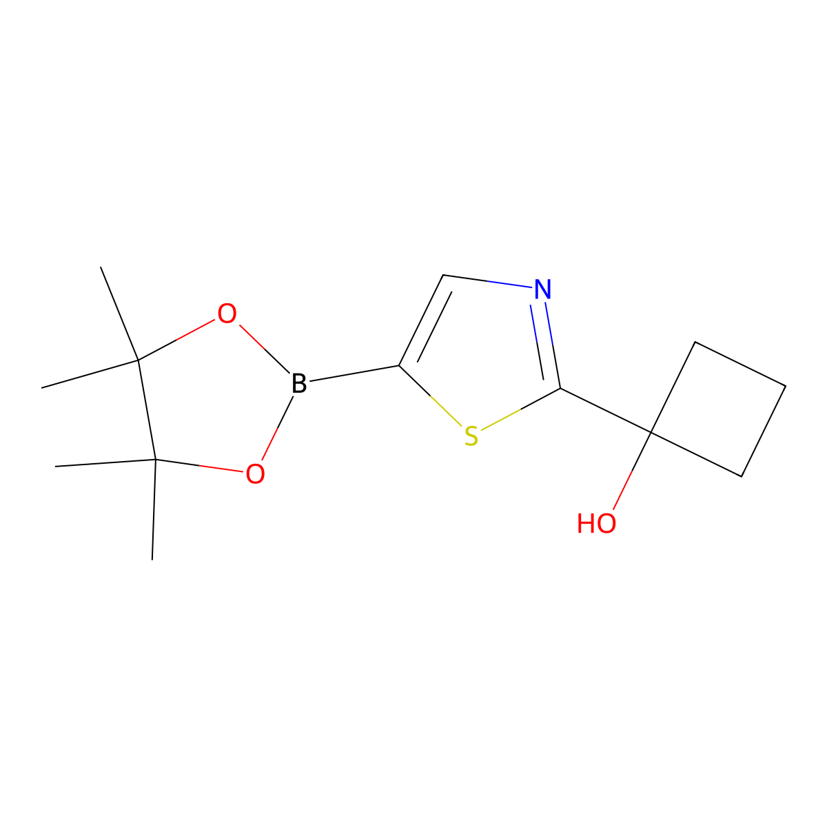 1-(5-(4,4,5,5-Tetramethyl-1,3,2-dioxaborolan-2-yl)thiazol-2-yl)cyclobutanol molecular structure, CAS 2304635-29-6