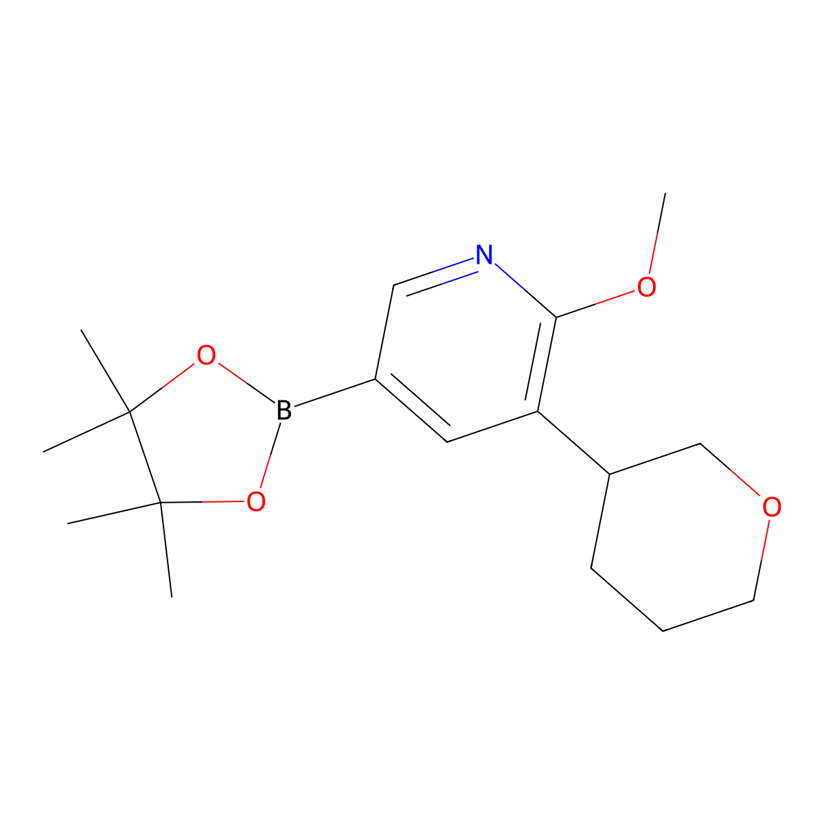 2-methoxy-3-(tetrahydro-2H-pyran-3-yl)-5-(4,4,5,5-tetramethyl-1,3,2-dioxaborolan-2-yl)pyridine molecular structure, CAS 2304812-87-9