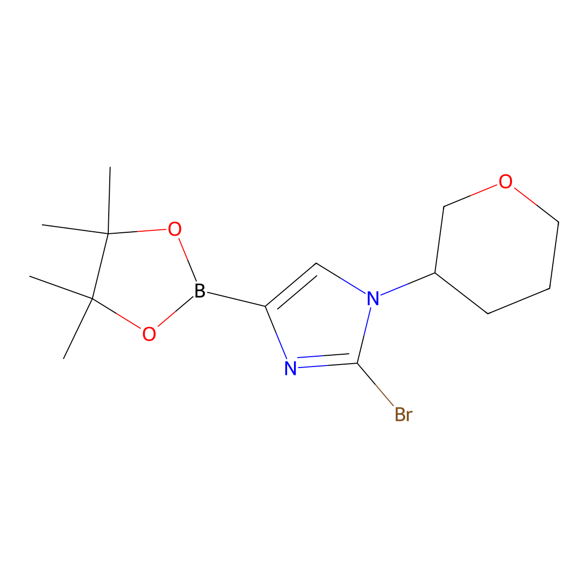 2-bromo-1-(tetrahydro-2H-pyran-3-yl)-4-(4,4,5,5-tetramethyl-1,3,2-dioxaborolan-2-yl)-1H-imidazole molecular structure, CAS 2304812-89-1