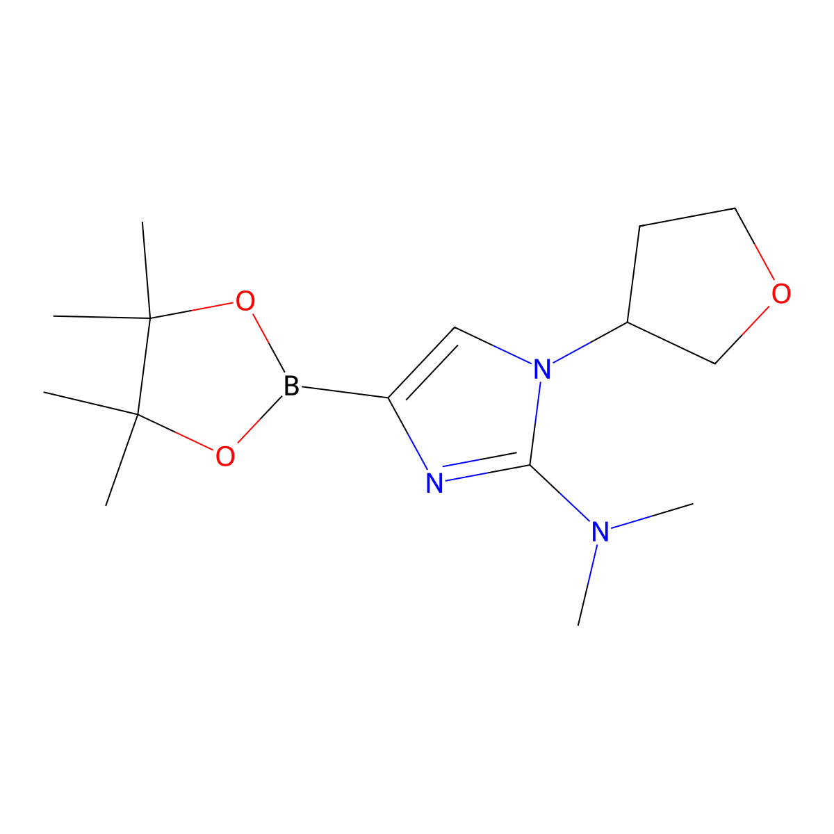 N,N-dimethyl-1-(tetrahydrofuran-3-yl)-4-(4,4,5,5-tetramethyl-1,3,2-dioxaborolan-2-yl)-1H-imidazol-2-amine molecular structure, CAS 2304812-90-4