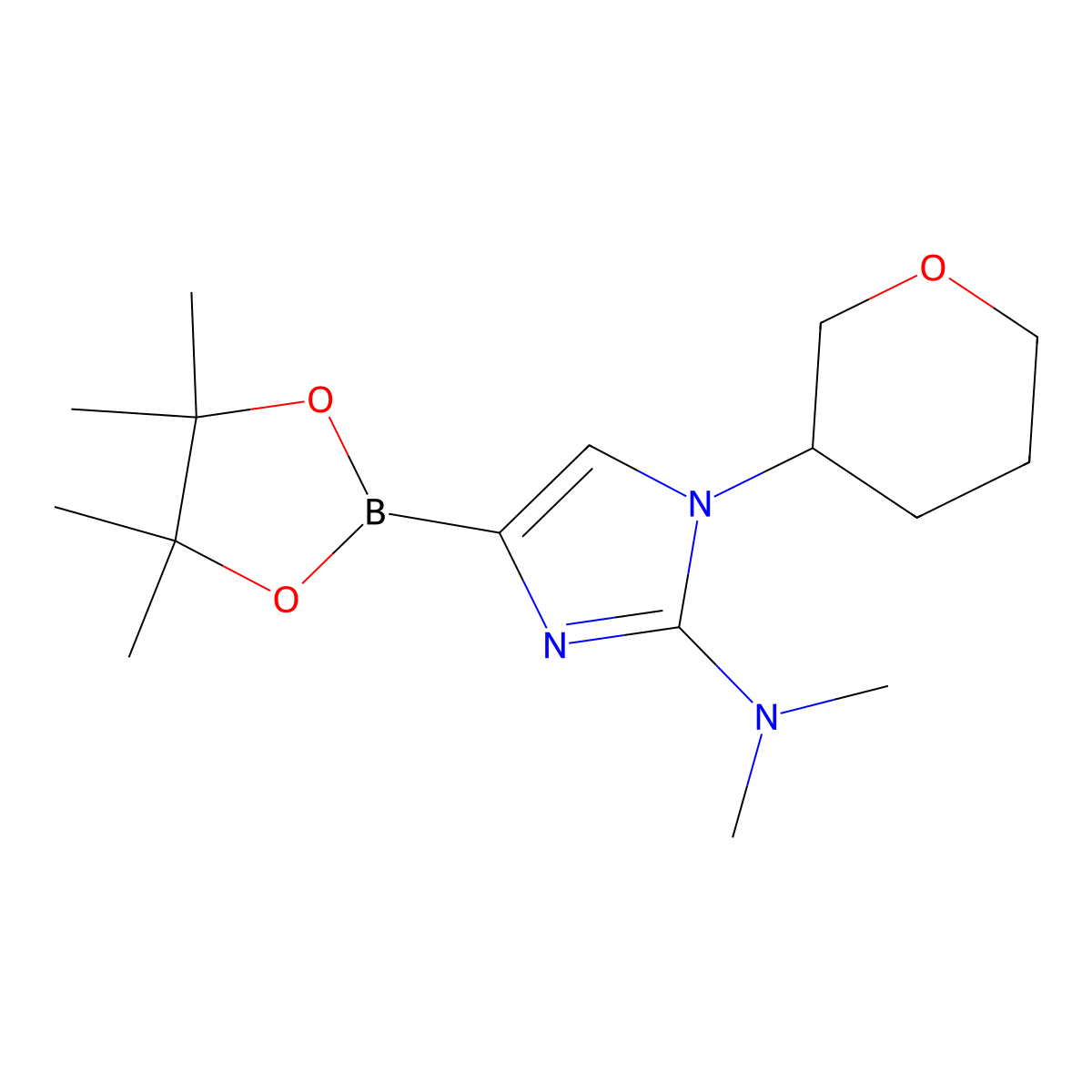N,N-dimethyl-1-(tetrahydro-2H-pyran-3-yl)-4-(4,4,5,5-tetramethyl-1,3,2-dioxaborolan-2-yl)-1H-imidazol-2-amine molecular structure, CAS 2304812-91-5