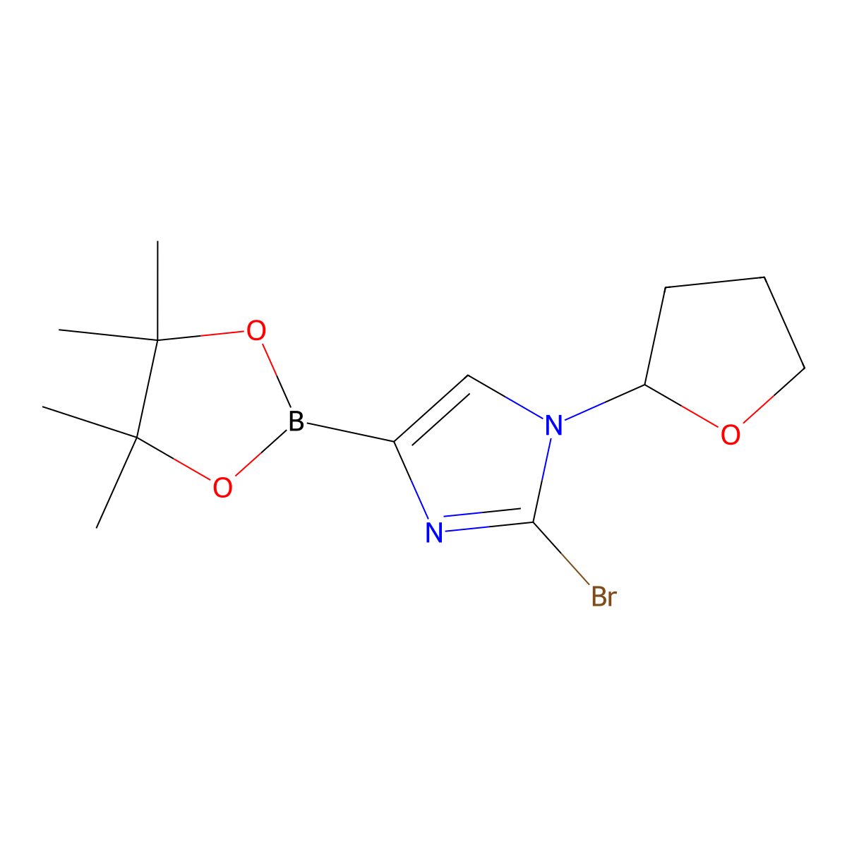 2-bromo-1-(tetrahydrofuran-2-yl)-4-(4,4,5,5-tetramethyl-1,3,2-dioxaborolan-2-yl)-1H-imidazole molecular structure, CAS 2304812-92-6