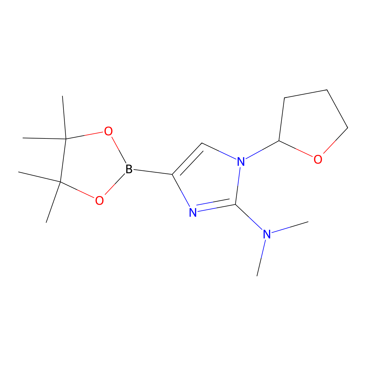 N,N-dimethyl-1-(tetrahydrofuran-2-yl)-4-(4,4,5,5-tetramethyl-1,3,2-dioxaborolan-2-yl)-1H-imidazol-2-amine molecular structure, CAS 2304812-94-8