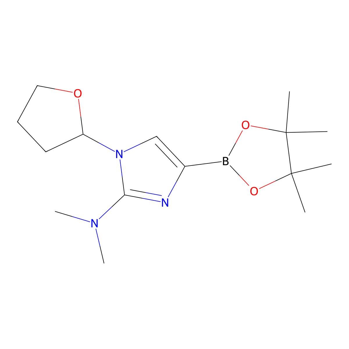 N,N-dimethyl-1-(tetrahydrofuran-2-yl)-4-(4,4,5,5-tetramethyl-1,3,2-dioxaborolan-2-yl)-1H-imidazol-2-amine molecular structure, CAS 2304812-94-8