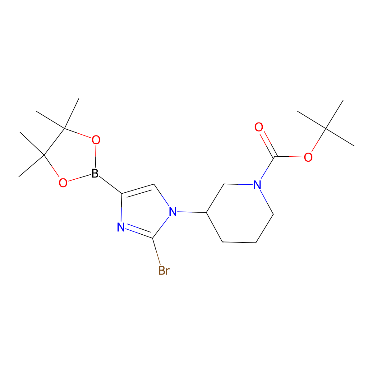 tert-butyl 3-(2-bromo-4-(4,4,5,5-tetramethyl-1,3,2-dioxaborolan-2-yl)-1H-imidazol-1-yl)piperidine-1-carboxylate molecular structure, CAS 2304812-95-9