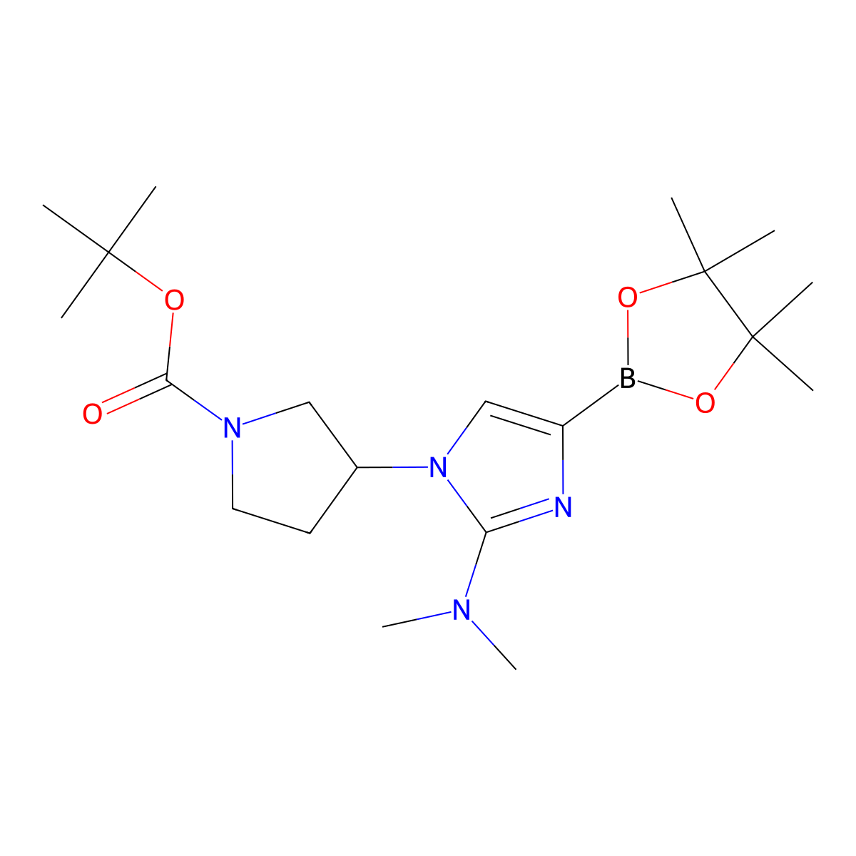 tert-butyl 3-(2-(dimethylamino)-4-(4,4,5,5-tetramethyl-1,3,2-dioxaborolan-2-yl)-1H-imidazol-1-yl)pyrrolidine-1-carboxylate molecular structure, CAS 2304812-96-0