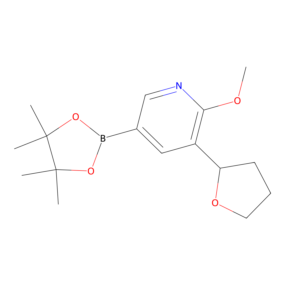 2-Methoxy-3-(tetrahydrofuran-2-yl)-5-(4,4,5,5-tetramethyl-1,3,2-dioxaborolan-2-yl)pyridine molecular structure, CAS 2304812-98-2