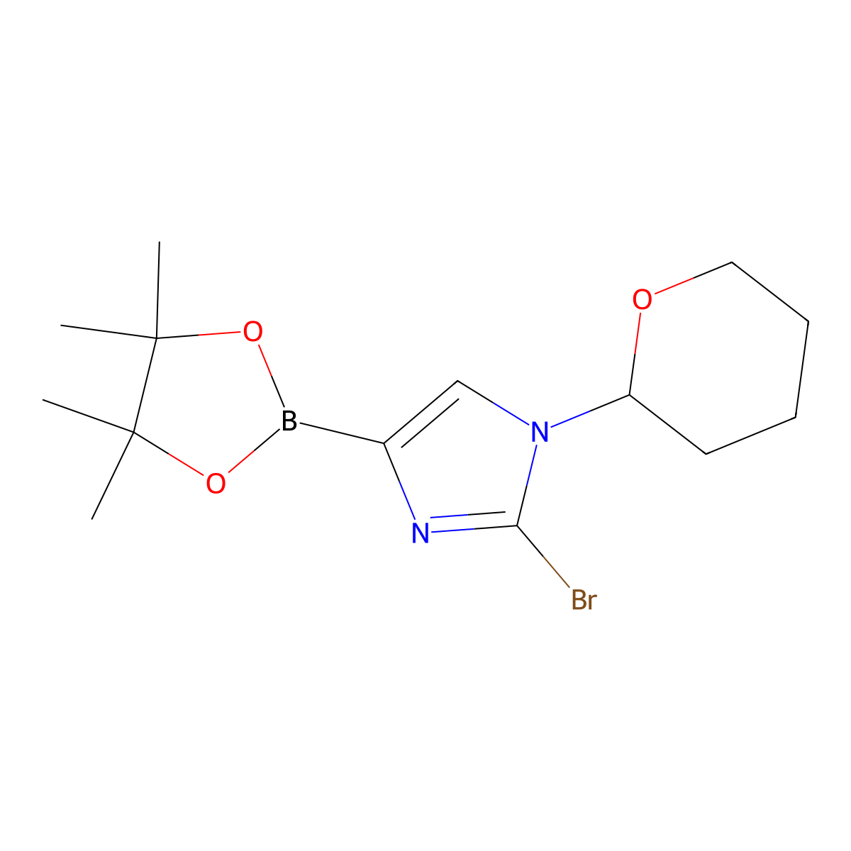 2-bromo-1-(tetrahydro-2H-pyran-2-yl)-4-(4,4,5,5-tetramethyl-1,3,2-dioxaborolan-2-yl)-1H-imidazole molecular structure, CAS 2304812-99-3