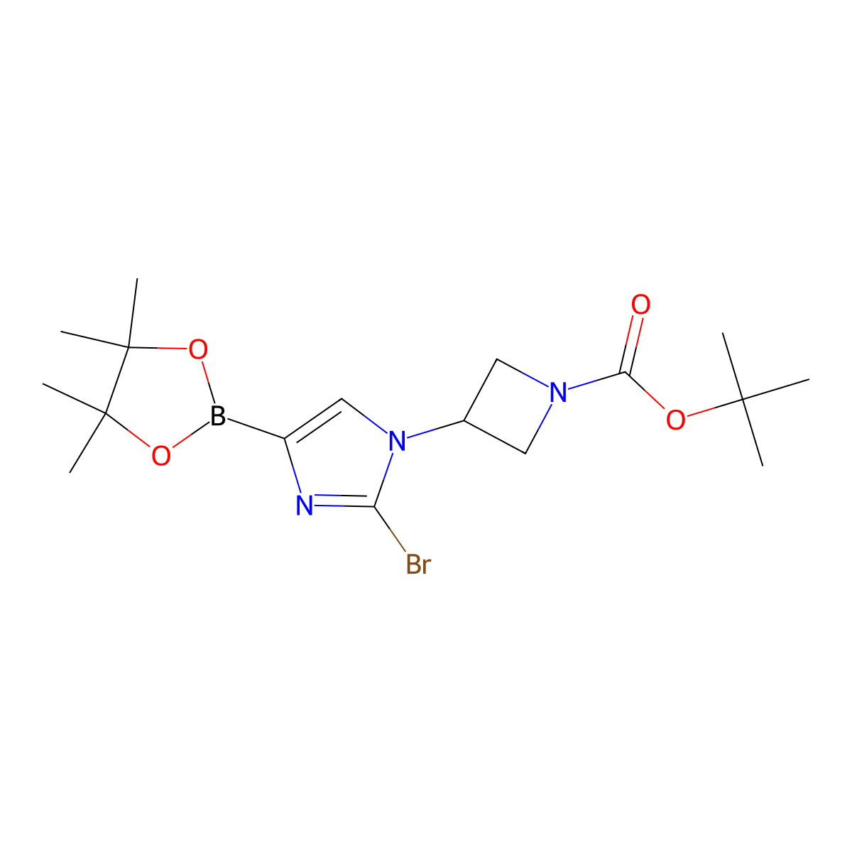 tert-butyl 3-(2-bromo-4-(4,4,5,5-tetramethyl-1,3,2-dioxaborolan-2-yl)-1H-imidazol-1-yl)azetidine-1-carboxylate molecular structure, CAS 2304816-95-1