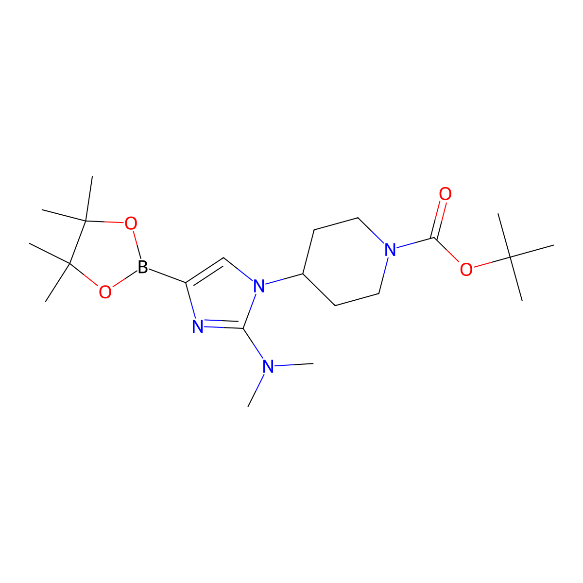 tert-butyl 4-(2-(dimethylamino)-4-(4,4,5,5-tetramethyl-1,3,2-dioxaborolan-2-yl)-1H-imidazol-1-yl)piperidine-1-carboxylate molecular structure, CAS 2304817-25-0