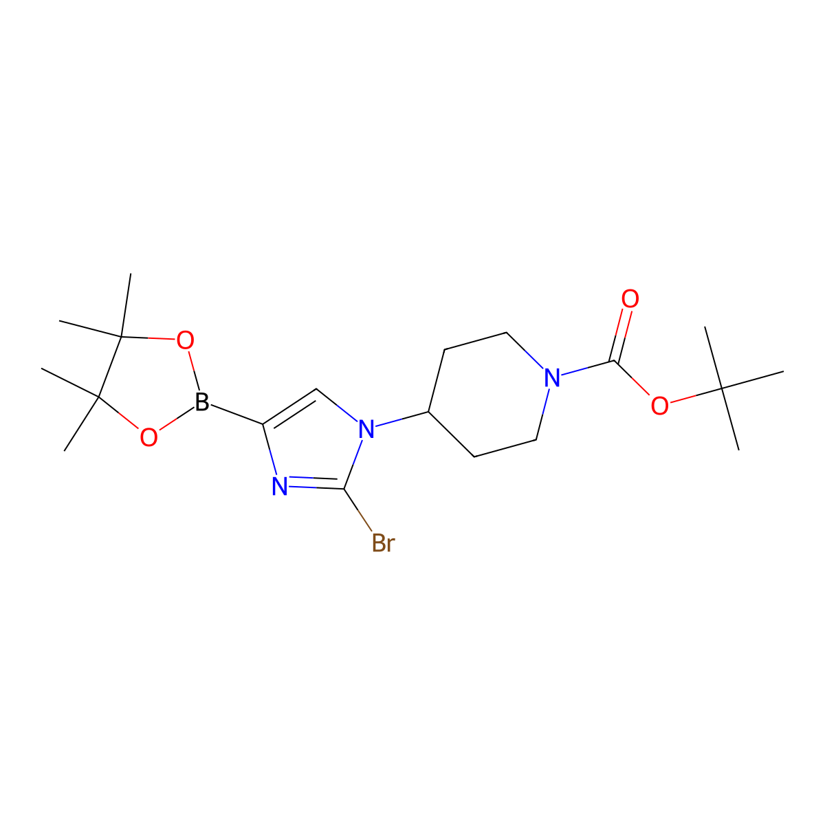 tert-butyl 4-(2-bromo-4-(4,4,5,5-tetramethyl-1,3,2-dioxaborolan-2-yl)-1H-imidazol-1-yl)piperidine-1-carboxylate molecular structure, CAS 2304817-83-0