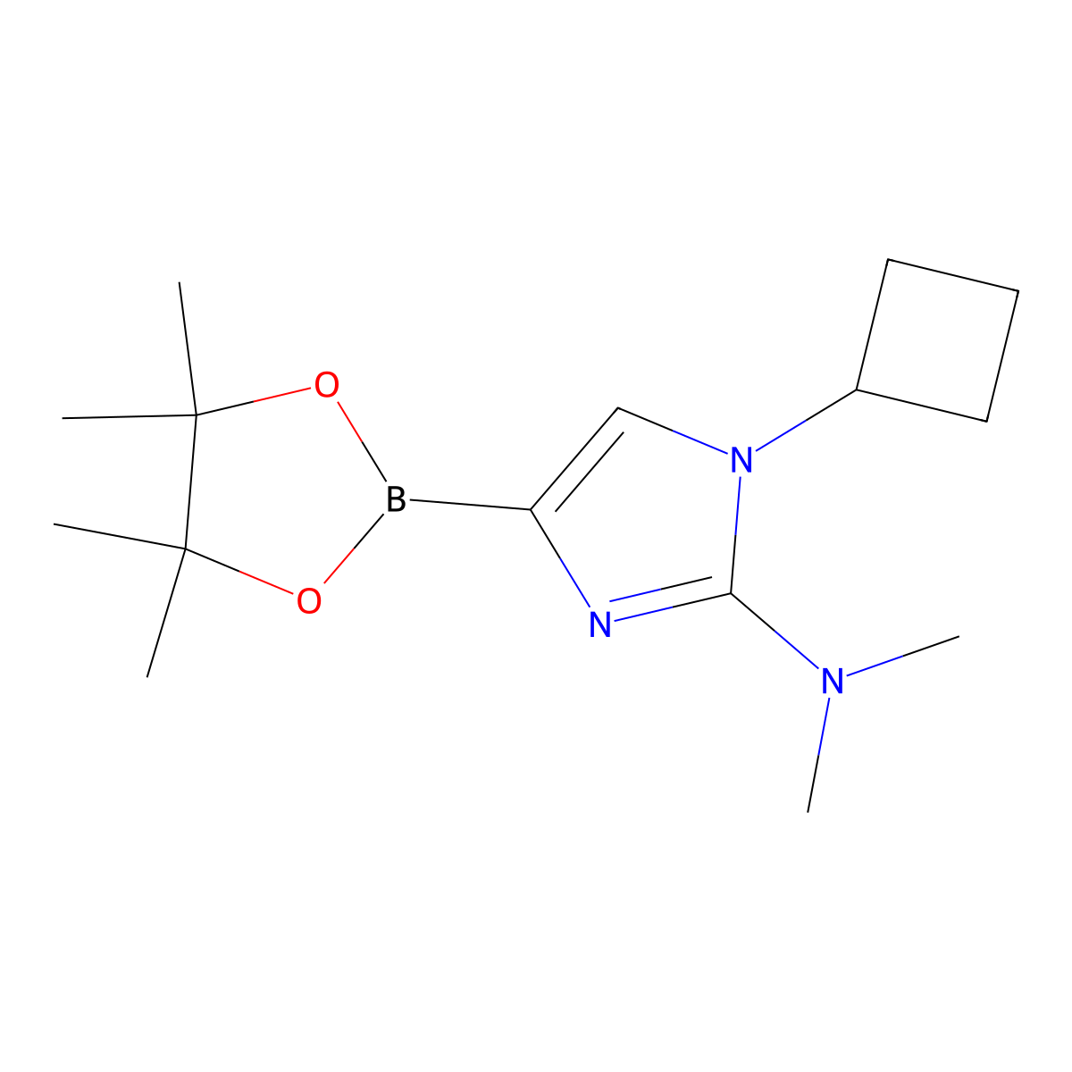 1-cyclobutyl-N,N-dimethyl-4-(4,4,5,5-tetramethyl-1,3,2-dioxaborolan-2-yl)-1H-imidazol-2-amine molecular structure, CAS 2304817-93-2
