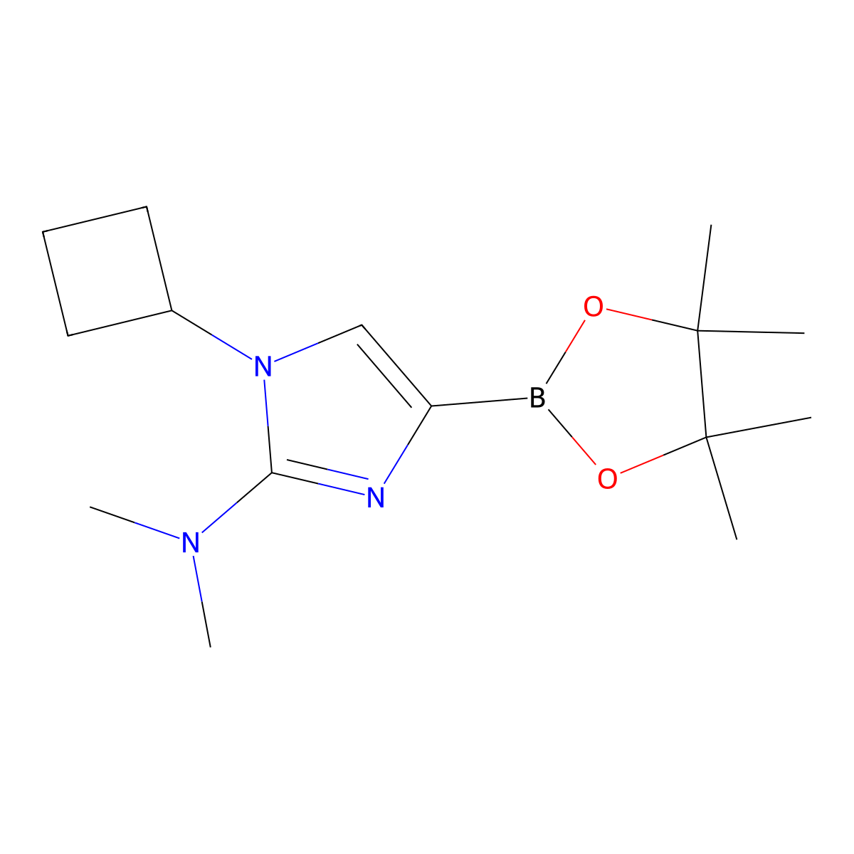 1-cyclobutyl-N,N-dimethyl-4-(4,4,5,5-tetramethyl-1,3,2-dioxaborolan-2-yl)-1H-imidazol-2-amine molecular structure, CAS 2304817-93-2