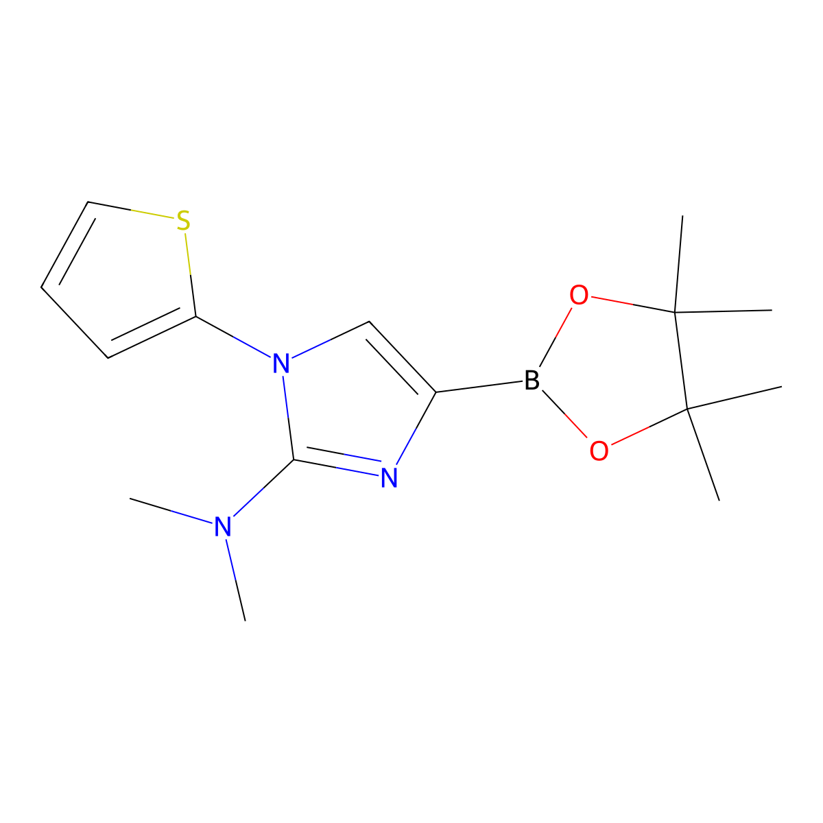 N,N-dimethyl-4-(4,4,5,5-tetramethyl-1,3,2-dioxaborolan-2-yl)-1-(thiophen-2-yl)-1H-imidazol-2-amine molecular structure, CAS 2304817-97-6