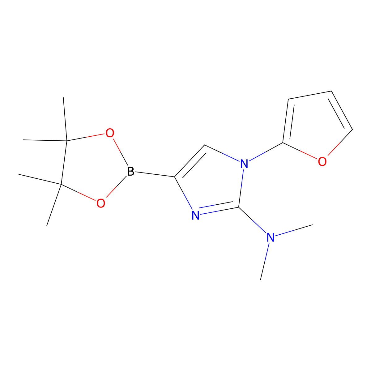 1-(furan-2-yl)-N,N-dimethyl-4-(4,4,5,5-tetramethyl-1,3,2-dioxaborolan-2-yl)-1H-imidazol-2-amine molecular structure, CAS 2304818-12-8