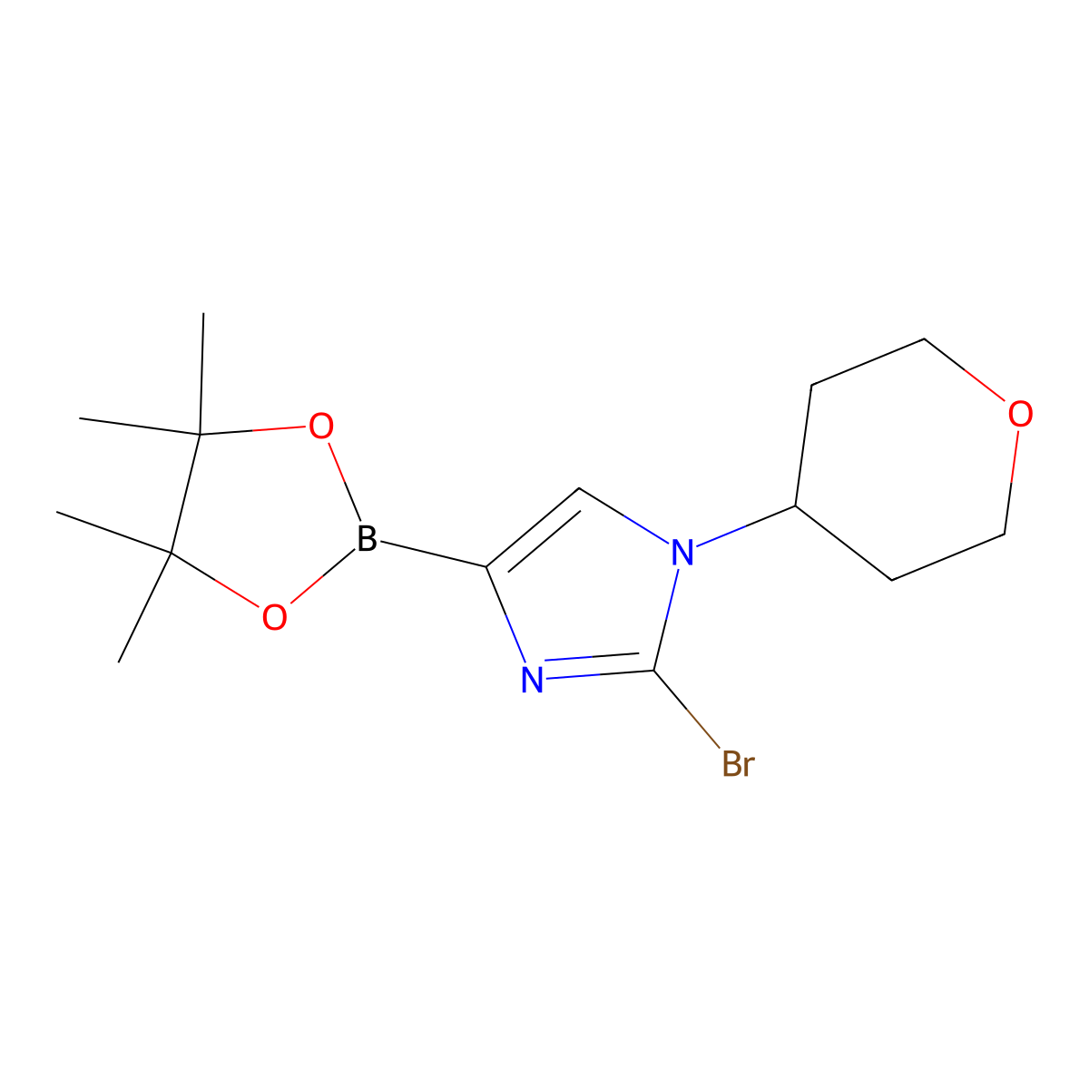 2-bromo-1-(tetrahydro-2H-pyran-4-yl)-4-(4,4,5,5-tetramethyl-1,3,2-dioxaborolan-2-yl)-1H-imidazole molecular structure, CAS 2304818-17-3