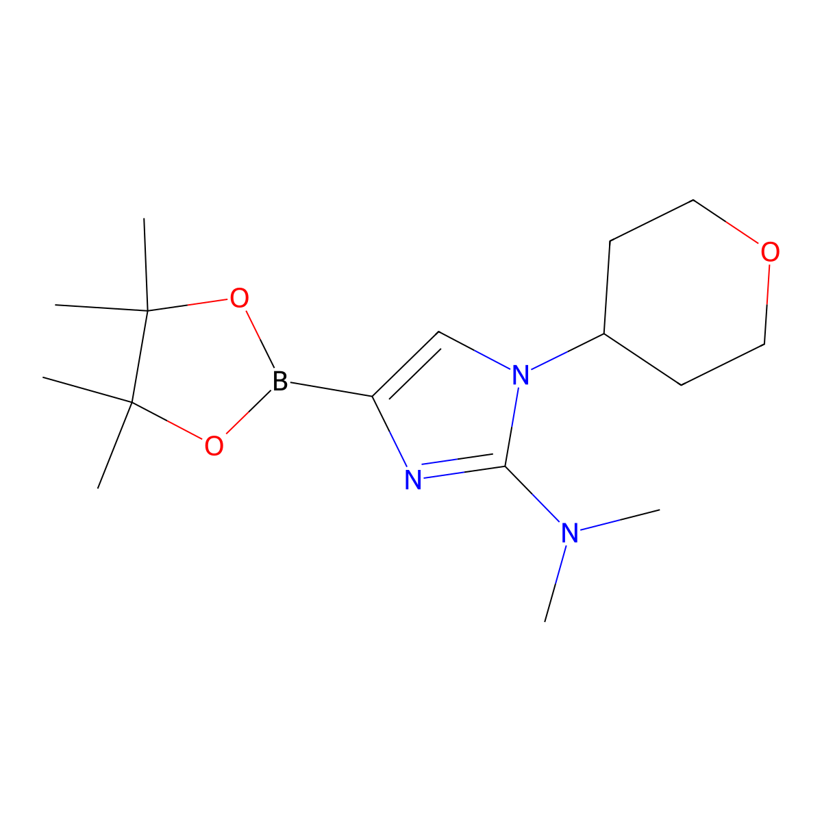 N,N-dimethyl-1-(tetrahydro-2H-pyran-4-yl)-4-(4,4,5,5-tetramethyl-1,3,2-dioxaborolan-2-yl)-1H-imidazol-2-amine molecular structure, CAS 2304818-23-1