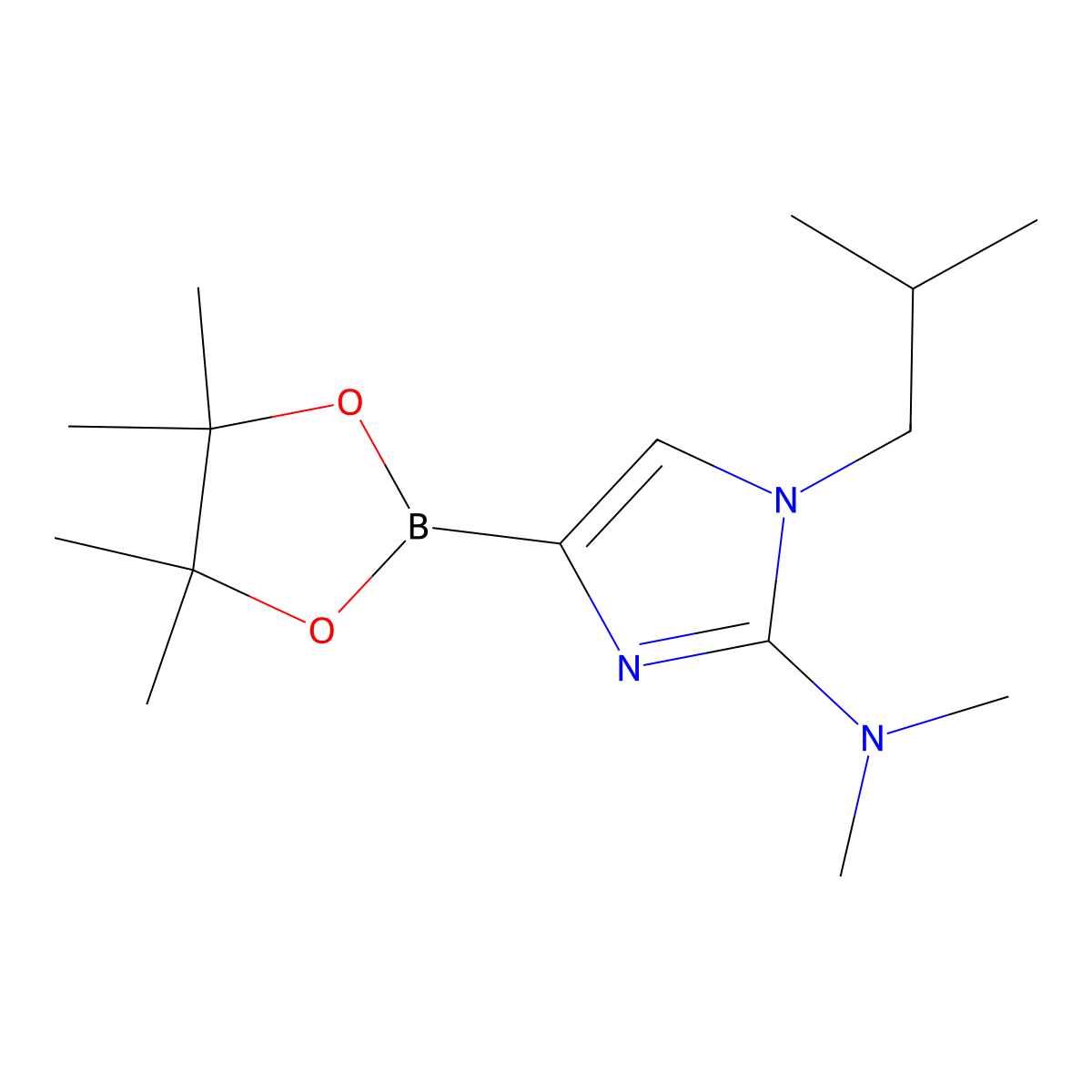 1-isobutyl-N,N-dimethyl-4-(4,4,5,5-tetramethyl-1,3,2-dioxaborolan-2-yl)-1H-imidazol-2-amine molecular structure, CAS 2304818-34-4