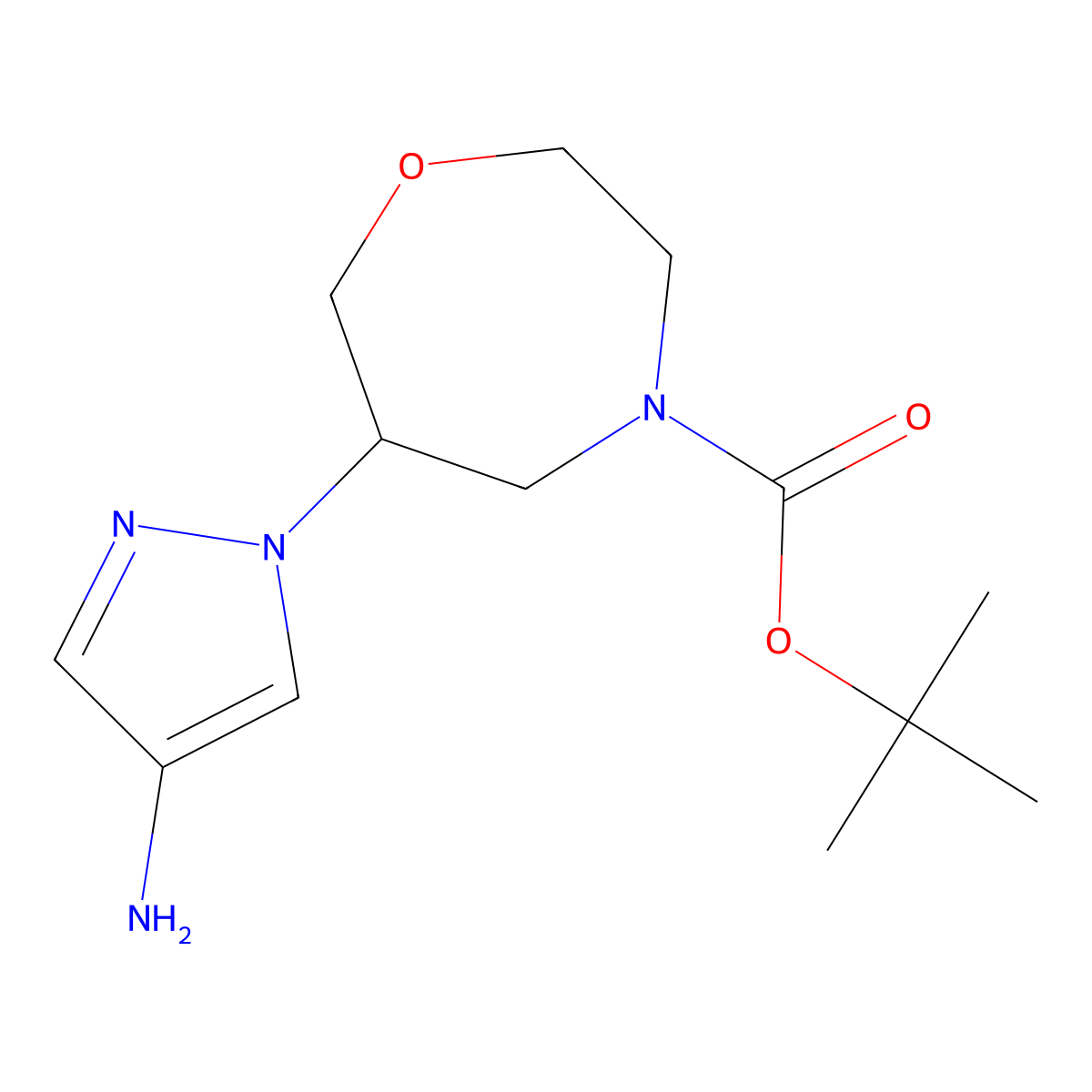 tert-butyl 6-(4-amino-1H-pyrazol-1-yl)-1,4-oxazepane-4-carboxylate molecular structure, CAS 2305254-80-0