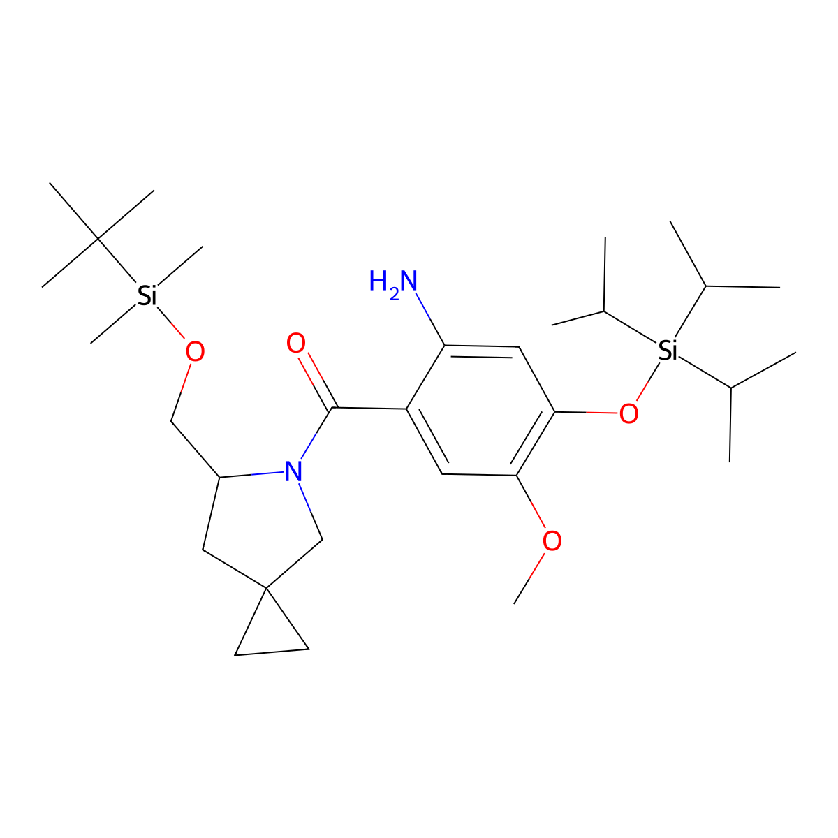 (S)-(2-Amino-5-methoxy-4-((triisopropylsilyl)oxy)phenyl)(6-(((tert-butyldimethylsilyl)oxy)methyl)-5-azaspiro[2.4]heptan-5-yl)methanone molecular structure, CAS 2305842-47-9