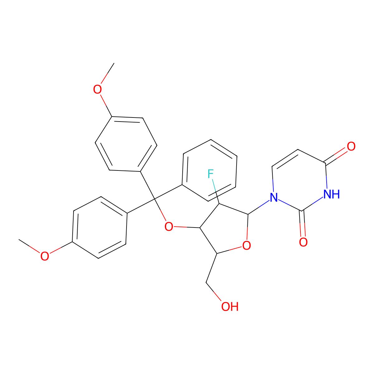 1-((2R,3R,4R,5R)-4-(Bis(4-methoxyphenyl)(phenyl)methoxy)-3-fluoro-5-(hydroxymethyl)tetrahydrofuran-2-YL)pyrimidine-2,4(1H,3H)-dione molecular structure, CAS 2305979-77-3
