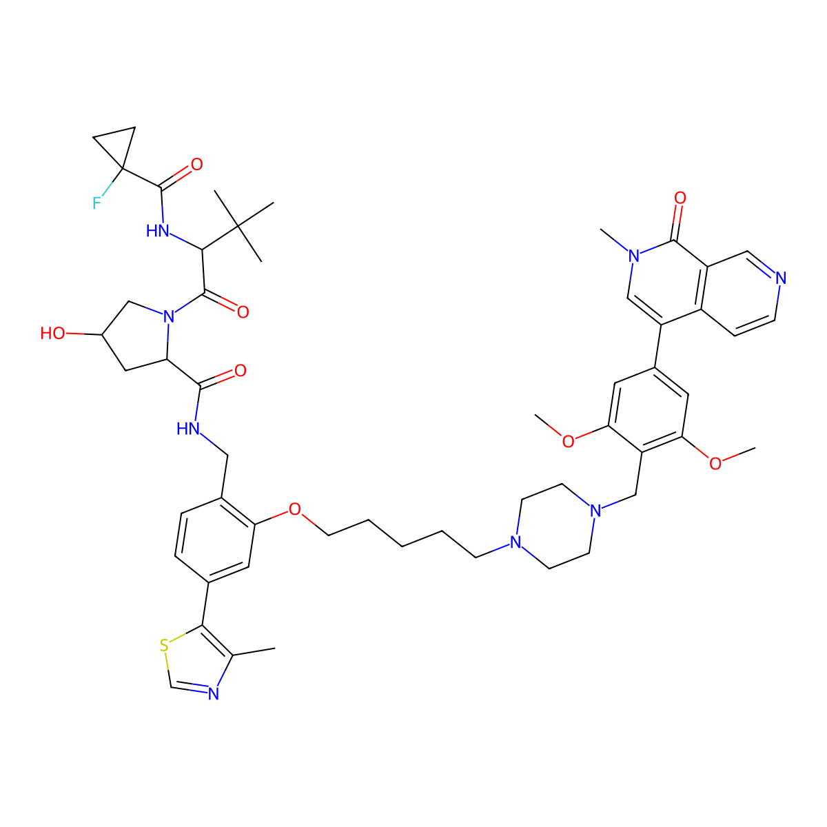 (2S,4R)-N-[(2-{[5-(4-{[2,6-dimethoxy-4-(2-methyl-1-oxo-1,2-dihydro-2,7-naphthyridin-4-yl)phenyl]methyl}piperazin-1-yl)pentyl]oxy}-4-(4-methyl-1,3-thiazol-5-yl)phenyl)methyl]-1-[(2S)-2-[(1-fluorocyclopropyl)formamido]-3,3-dimethylbutanoyl]-4-hydroxypyrrolidine-2-carboxamide molecular structure, CAS 2306193-61-1