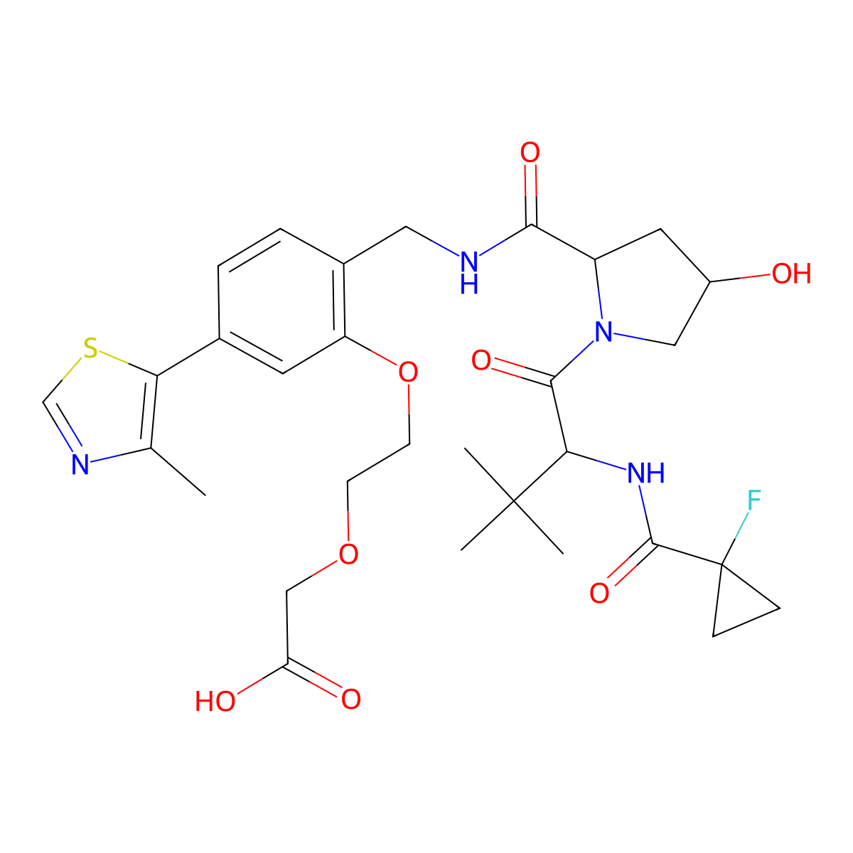 2-(2-(2-(((2S,4R)-1-((S)-2-(1-fluorocyclopropane-1-carboxamido)-3,3-dimethylbutanoyl)-4-hydroxypyrrolidine-2-carboxamido)methyl)-5-(4-methylthiazol-5-yl)phenoxy)ethoxy)acetic acid molecular structure, CAS 2306193-81-5