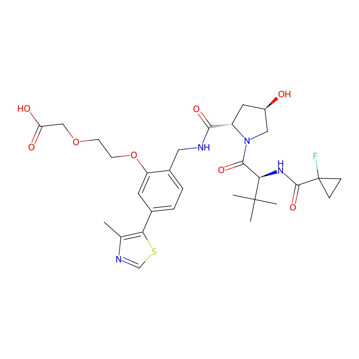 2-(2-(2-(((2S,4R)-1-((S)-2-(1-fluorocyclopropane-1-carboxamido)-3,3-dimethylbutanoyl)-4-hydroxypyrrolidine-2-carboxamido)methyl)-5-(4-methylthiazol-5-yl)phenoxy)ethoxy)acetic acid molecular structure, CAS 2306193-81-5