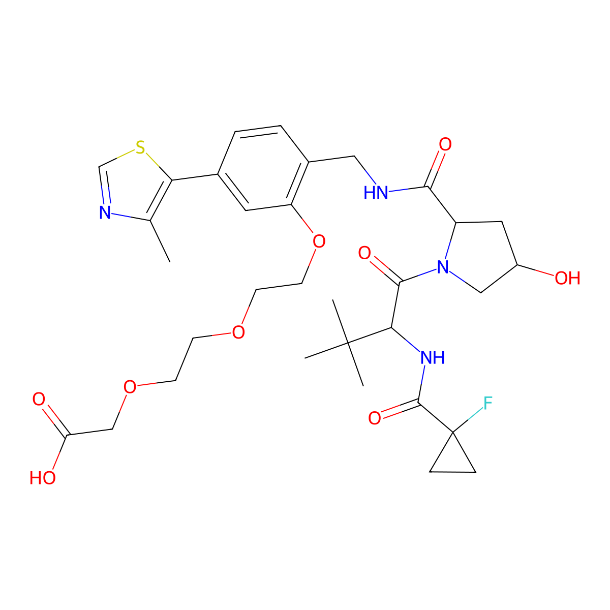 2-(2-(2-(2-(((2S,4R)-1-((S)-2-(1-fluorocyclopropane-1-carboxamido)-3,3-dimethylbutanoyl)-4-hydroxypyrrolidine-2-carboxamido)methyl)-5-(4-methylthiazol-5-yl)phenoxy)ethoxy)ethoxy)acetic acid molecular structure, CAS 2306193-88-2