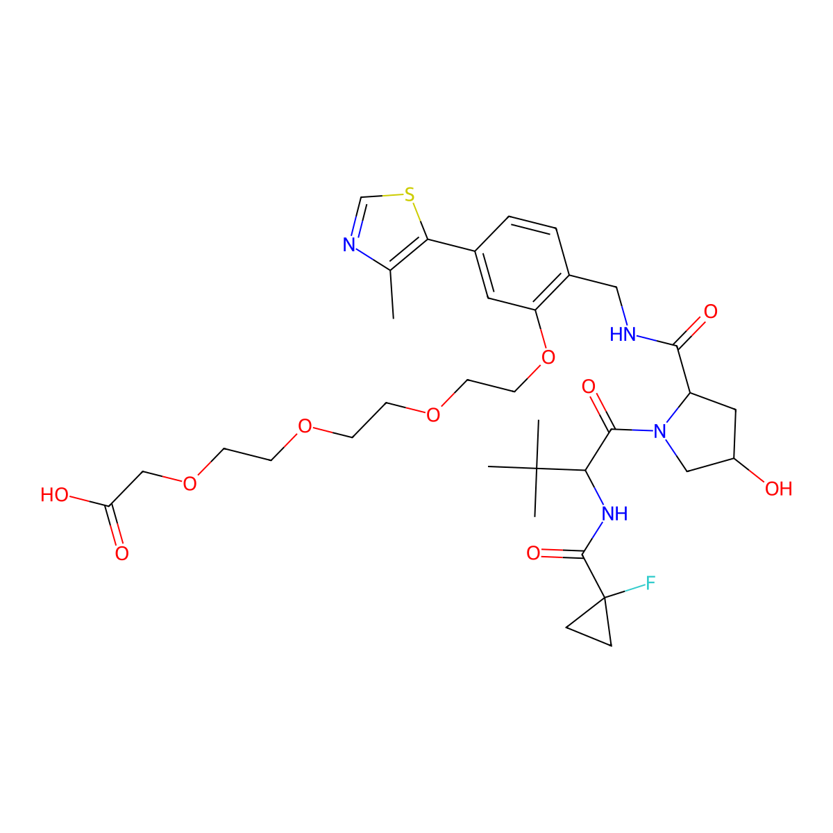 2-(2-(2-(2-(2-(((2S,4R)-1-((S)-2-(1-fluorocyclopropane-1-carboxamido)-3,3-dimethylbutanoyl)-4-hydroxypyrrolidine-2-carboxamido)methyl)-5-(4-methylthiazol-5-yl)phenoxy)ethoxy)ethoxy)ethoxy)acetic acid molecular structure, CAS 2306193-89-3